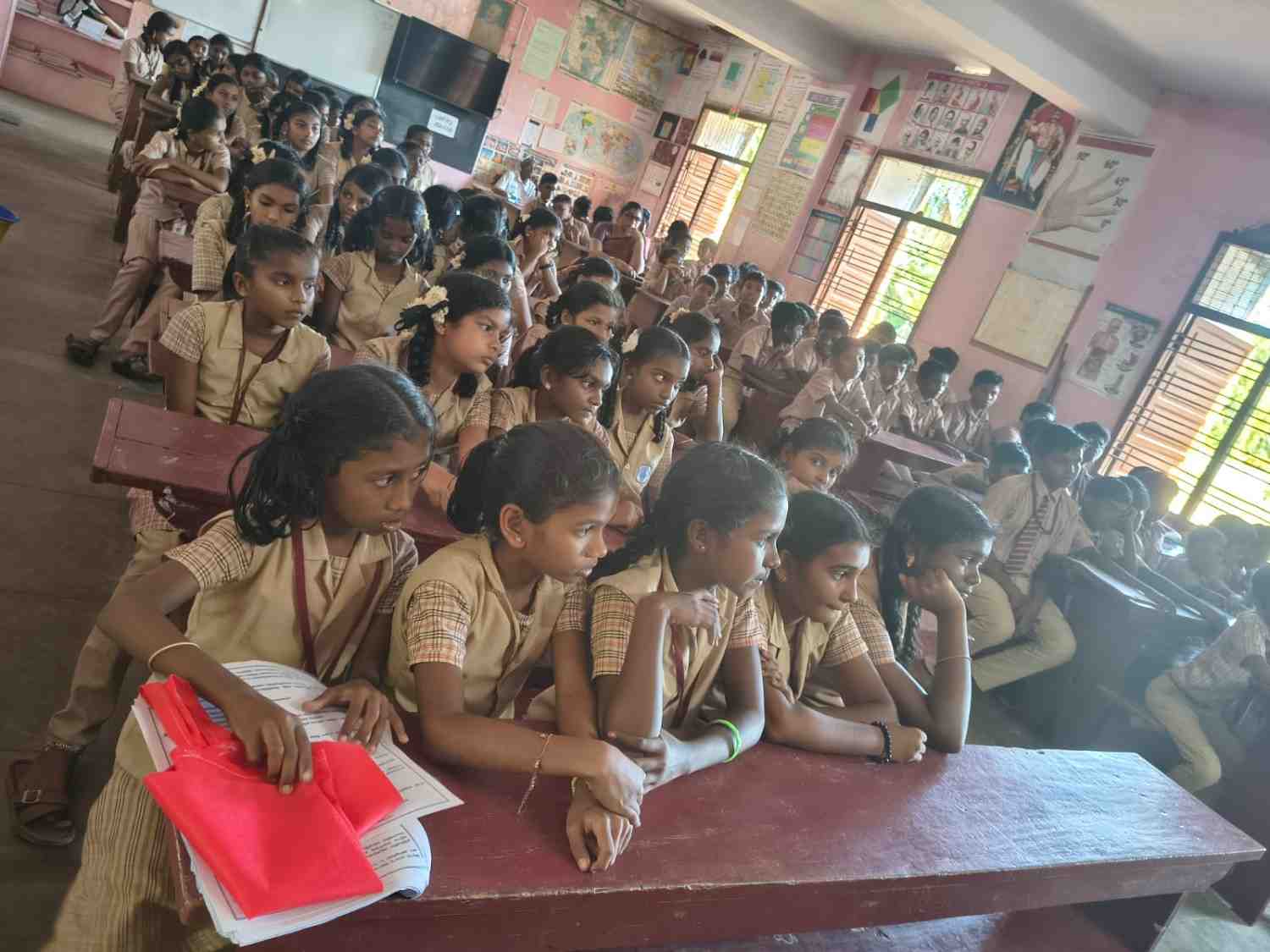 Students at a school rainwater harvesting system in coastal Tamil Nadu